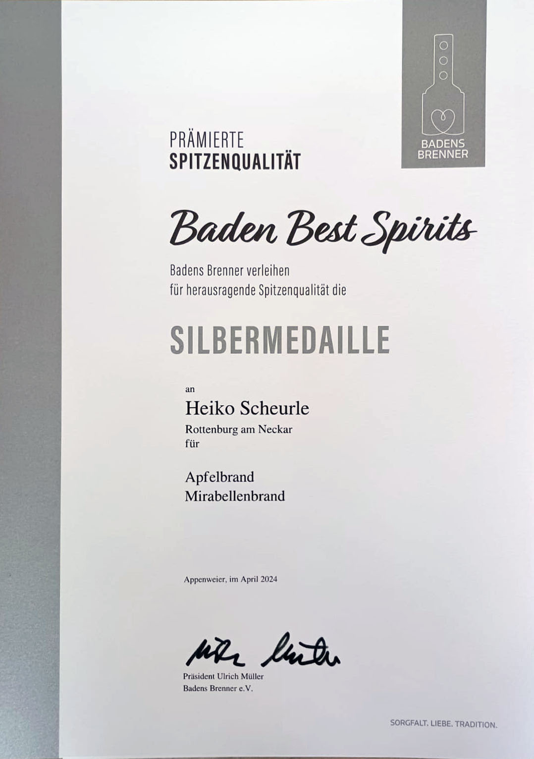 Urkunde Silber – Badens Brenner